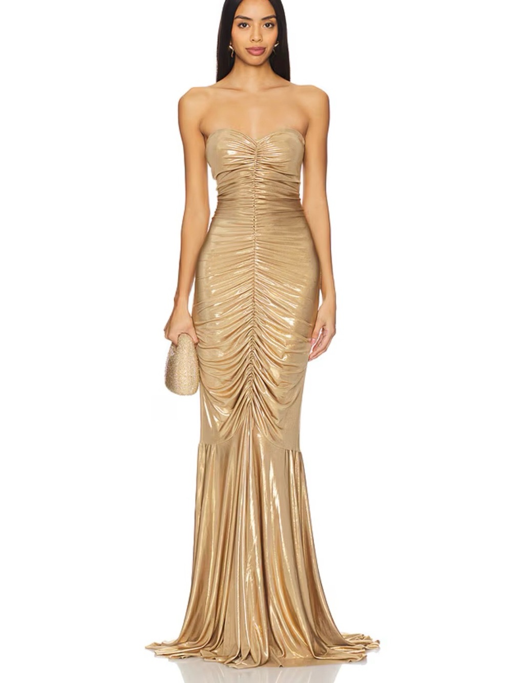 Norma Kamali Strapless Metallic Gold Ruched Gown